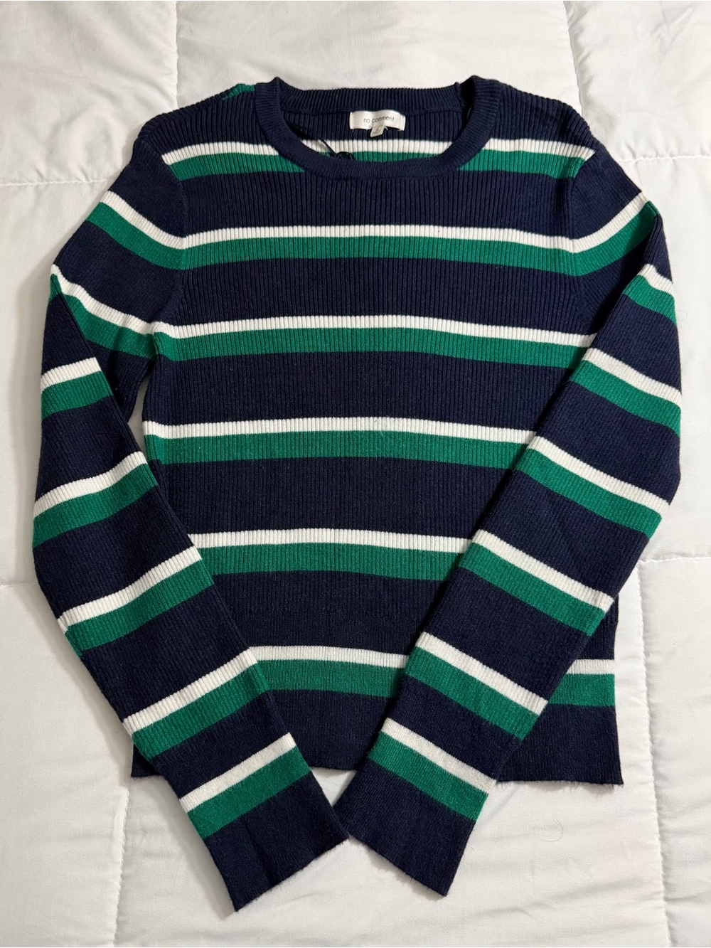 Women’s Navy, Green & White Striped Crewneck Sweater